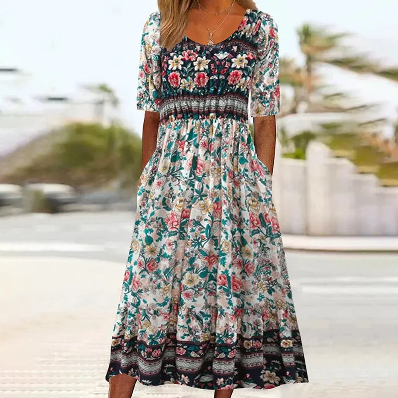 Fashionable Women's Casual Apparel Vintage Floral Pleated Dress