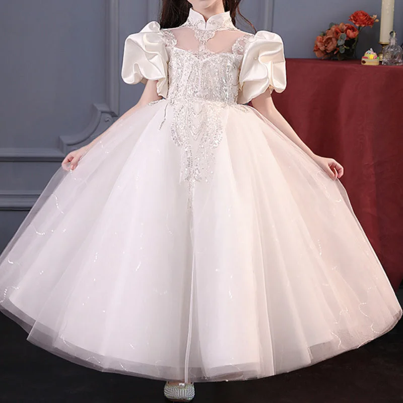 Women's Casual Wear Clothing Baby Girl Wedding Birthday Pageant Stand Collar Mesh Princess Dress