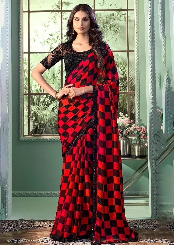 Women's Clothing Sets Lovely Red & Black Chiffon Embroidered Wedding Party Wear Saree