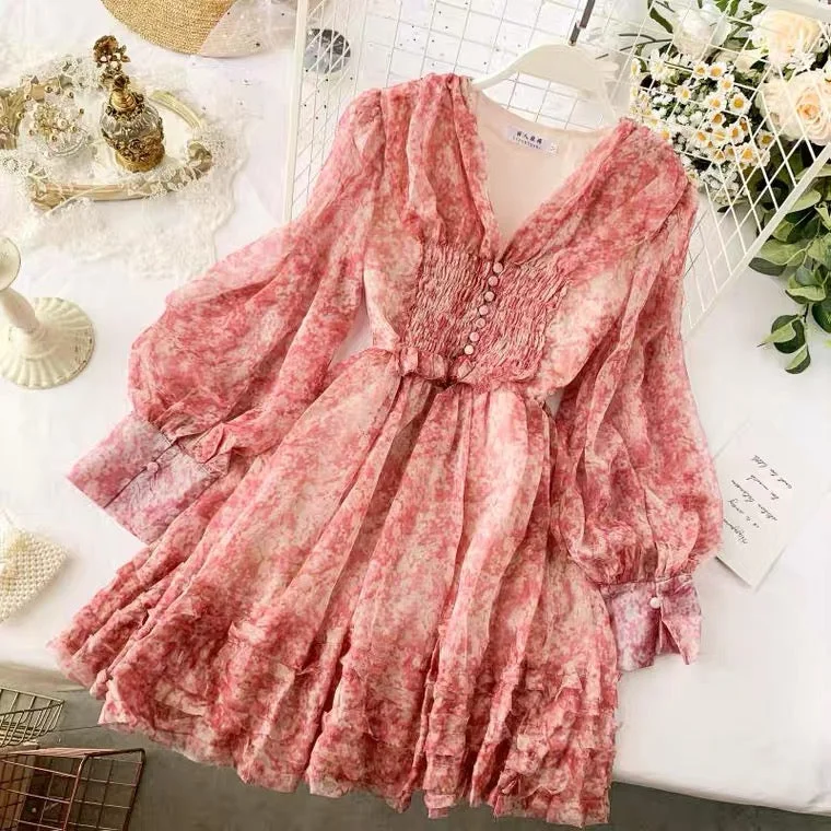 Women's Clothing Sets Chiffon Floral Dress,chic Sweet Dress    S4436