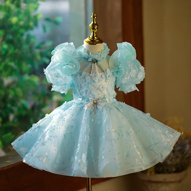 Sustainable Women's Clothing Baby Girl Dress Toddler Birthday Pageant Wedding Sequin Bow Fluffybow Puff Sleeves Dress