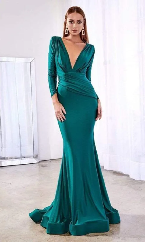 Women's Comfortable Clothes For Weekends Cinderella Divine - Deep V-Neck Ruched Long Gown CD0168