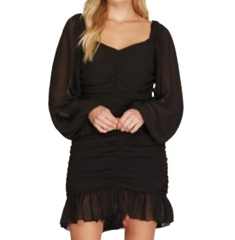 Affordable Women's Attire Long Sleeve Ruched Mini Dress In Black