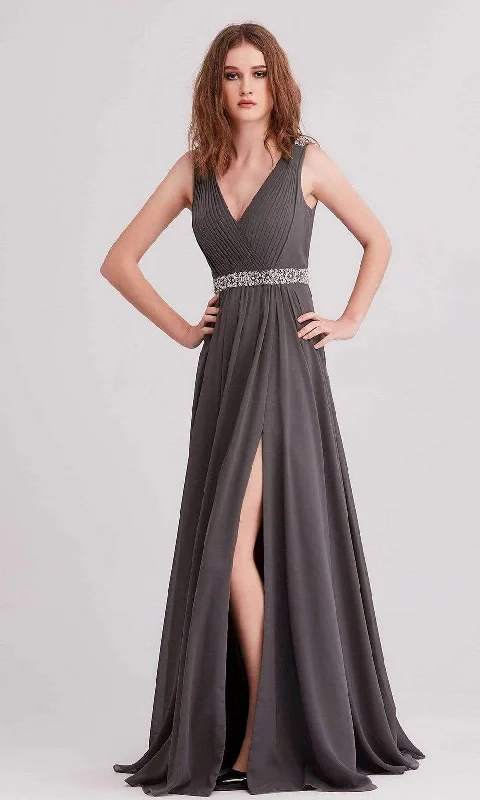 Women's Holiday Attire J'Adore Dresses - J15002 Pleated V Neck Beaded Chiffon A-line Gown