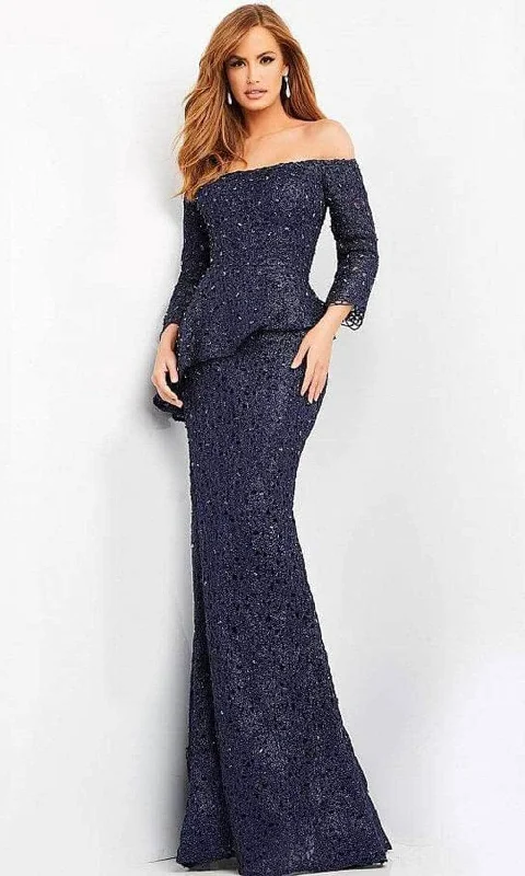 Women's Classic Outfit Jovani - Glitter Lace Off-Shoulder Formal Gown 00455SC - 2 pcs Navy In Size 10 and 24 Available