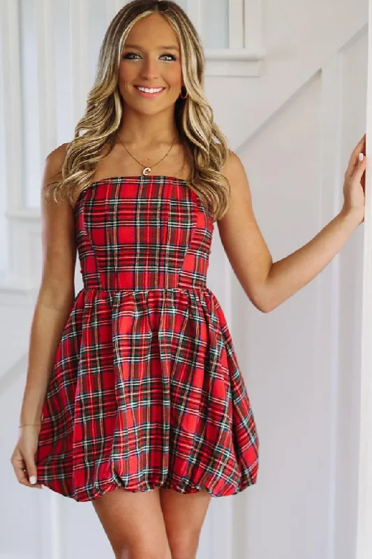 Women's Stylish Vacation Attire Holiday in Style Balloon Mini Dress - Red Plaid