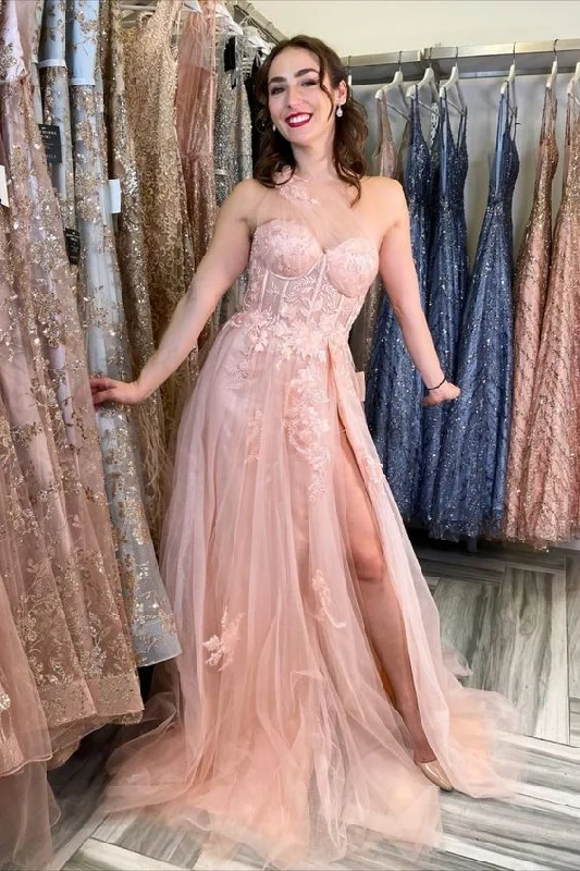 Women's Everyday Apparel Pink Floral Long Tulle Prom Dress gh2746