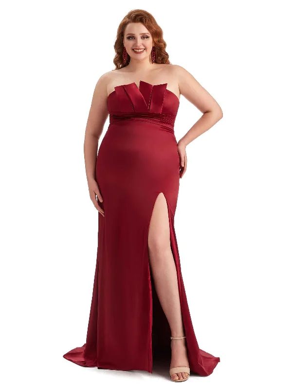 Fashionable Women's Clothing Plus Size Sexy Side Slit Mermaid Soft Satin Long Wedding Party Dresses For Wedding