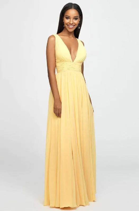 Women's Functional Outdoor Garments Madison James - Plunging Neck Empire Waist Chiffon A-Line Gown 19-193  - 1 pc Yellow In Size 12 Available