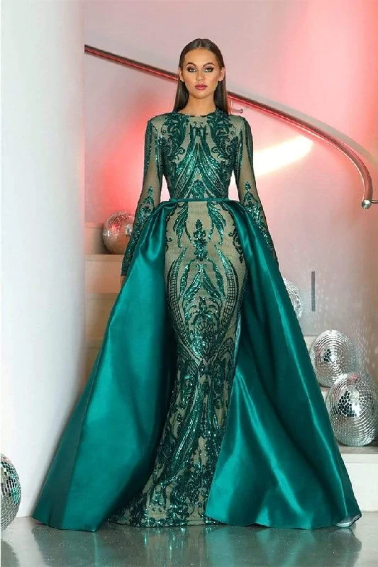 Women's Active Clothing Portia and Scarlett - 1705 Long Sleeve Sequin Pattern Gown with Overskirt