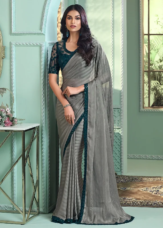 Comfortable Women's Clothes Lovely Grey Georgette Silk Embroidered Wedding Party Wear Saree