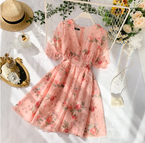 Women's Casual Outfit French Floral V Neck Summer Chiffon Dress    S4445