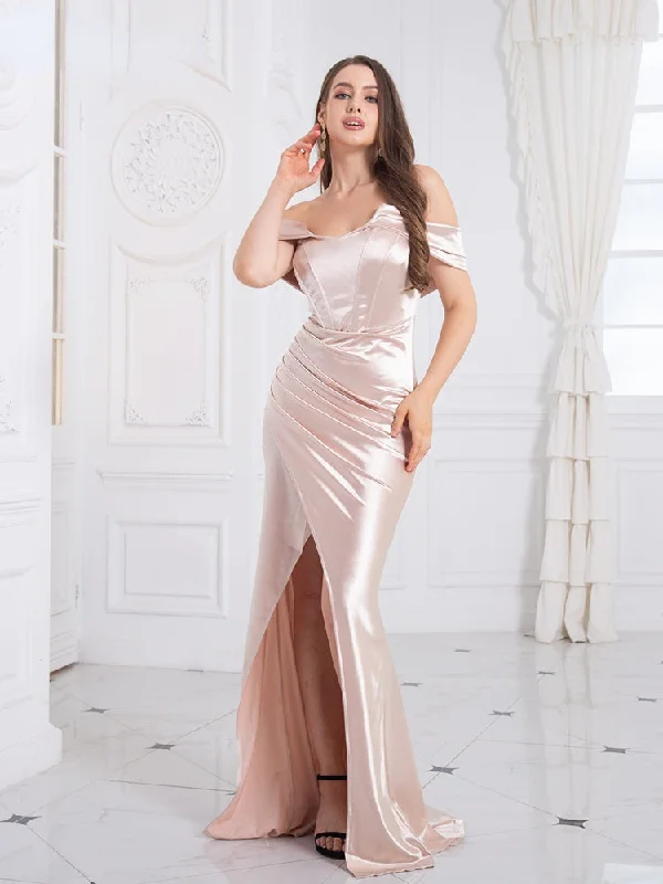 Women's Elegant Clothing Sets BerriesJam - 2024 Strapless Padded Backless Pleated Split Wedding Party Dress