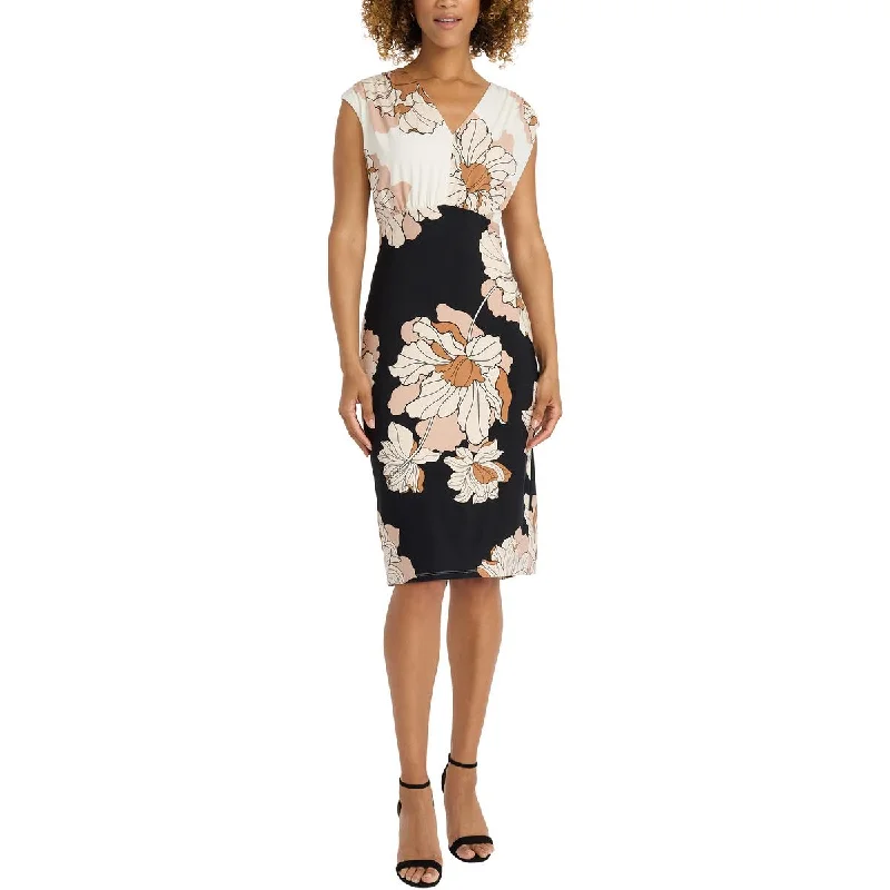 Women's Luxury Apparel Maggy London Womens V-Neck Floral Print Fit & Flare Dress