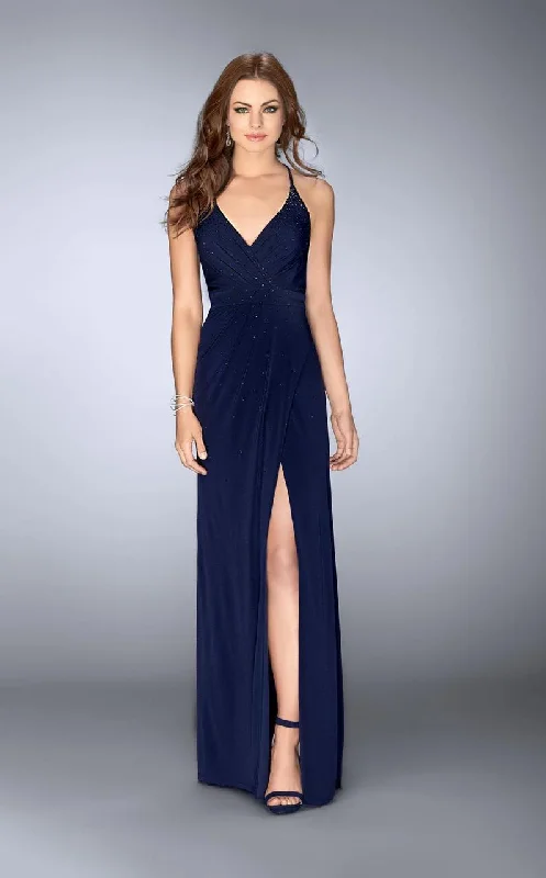 Women's Trendy Activewear Apparel La Femme Draped V-Neck Long Gown in Navy 24539