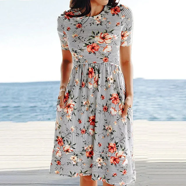 Women's Functional Apparel For Outdoor Activities Floral And Striped Dress