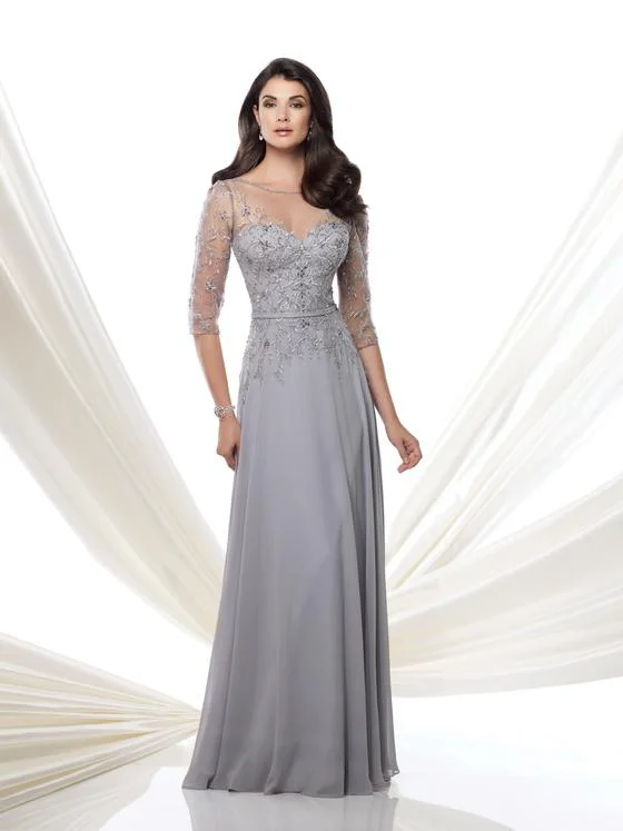 Women's Chic Outfit Mon Cheri Illusion Bateau Neck Gown in Silver 115971W