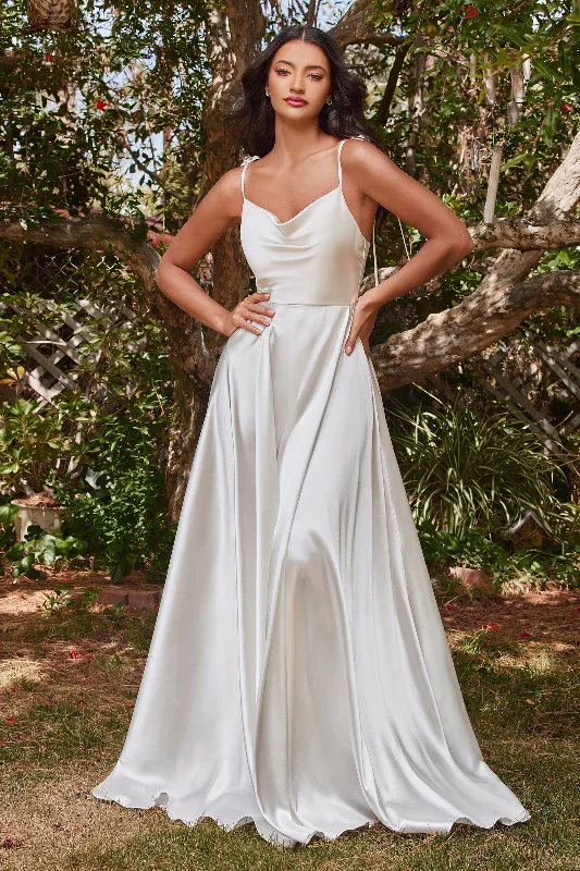 Women's Comfortable Lounge Attire Ravishing Cowl Mid Open Back Bodice A line Satin Long Wedding & Bridal Dress CDBD104W