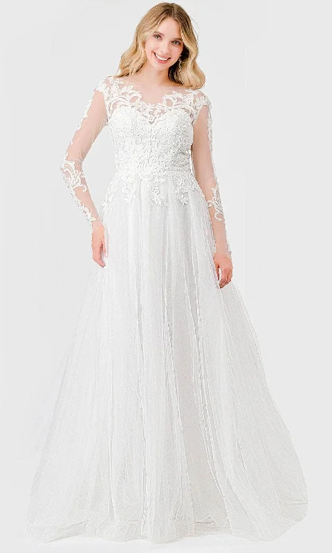 Women's Outdoor Attire Aspeed Design MS0032 - Sheer Long Sleeve Embroidered Wedding Gown