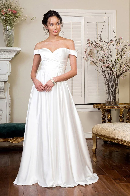 Women's Casual Attire Pleated Waistline Sweethearted Cut-Away Shoulder Satin A-Line Long Wedding Dress - Mask Not Included GLGL1908