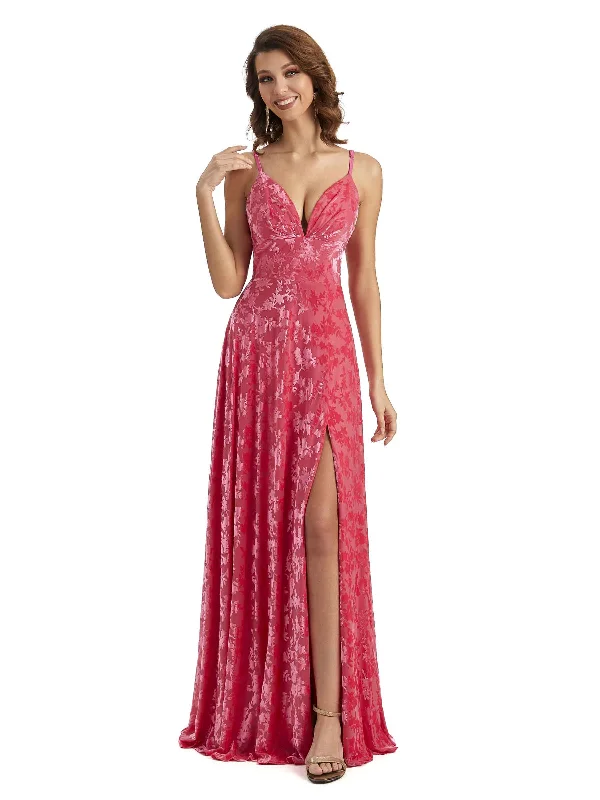 Women's Plus-Size Clothes Sexy Side Slit Floral Velvet Unique Long Bridesmaid Dresses Online