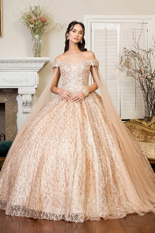 Women's Holiday Attire Long Quinceanera Off Shoulder Glitter Sweet 16 Gown