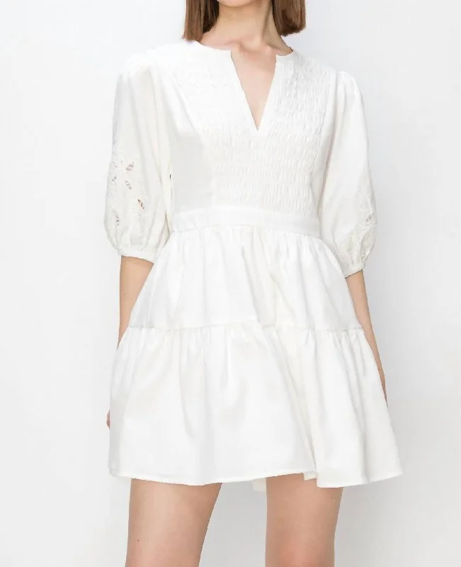 Women's Holiday Attire Crochet Trim Puff Sleeve Mini Dress In White