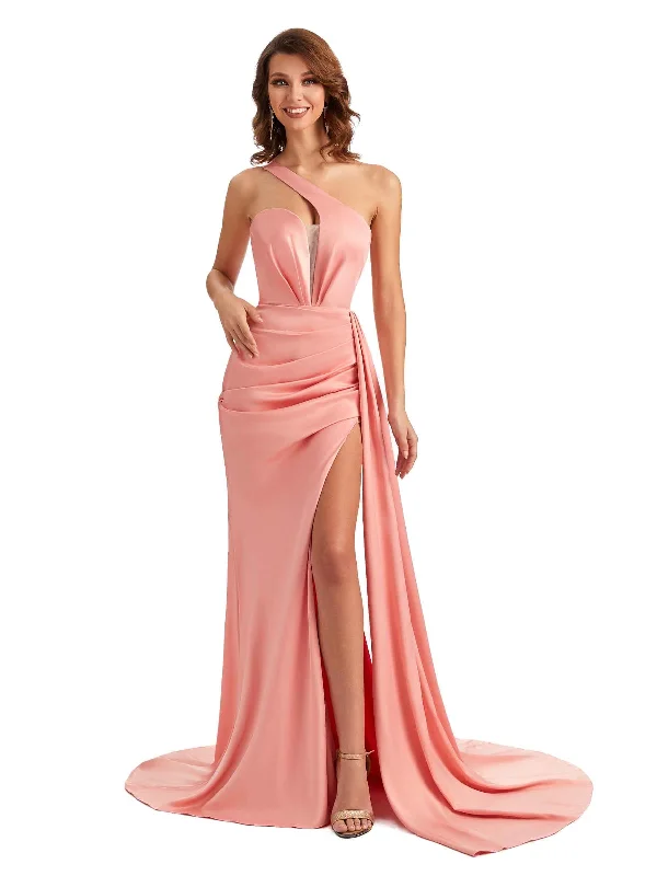 Women's Evening Clothing Sexy One Shoulder Soft Satin Side Slit Long Mermaid Wedding Party Dresses