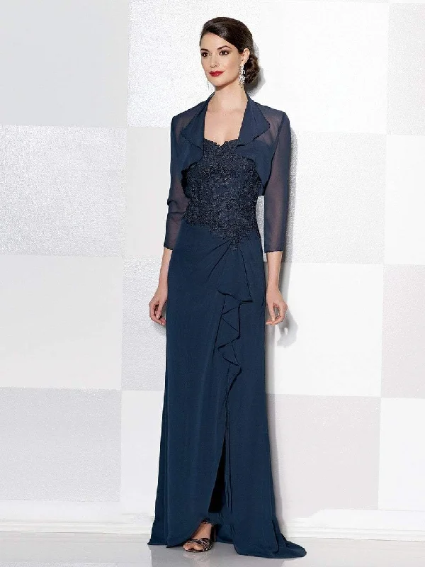 Women's Cozy Outfit For Lounging Mon Cheri Lace Applique Gown with Bolero in Navy 215631