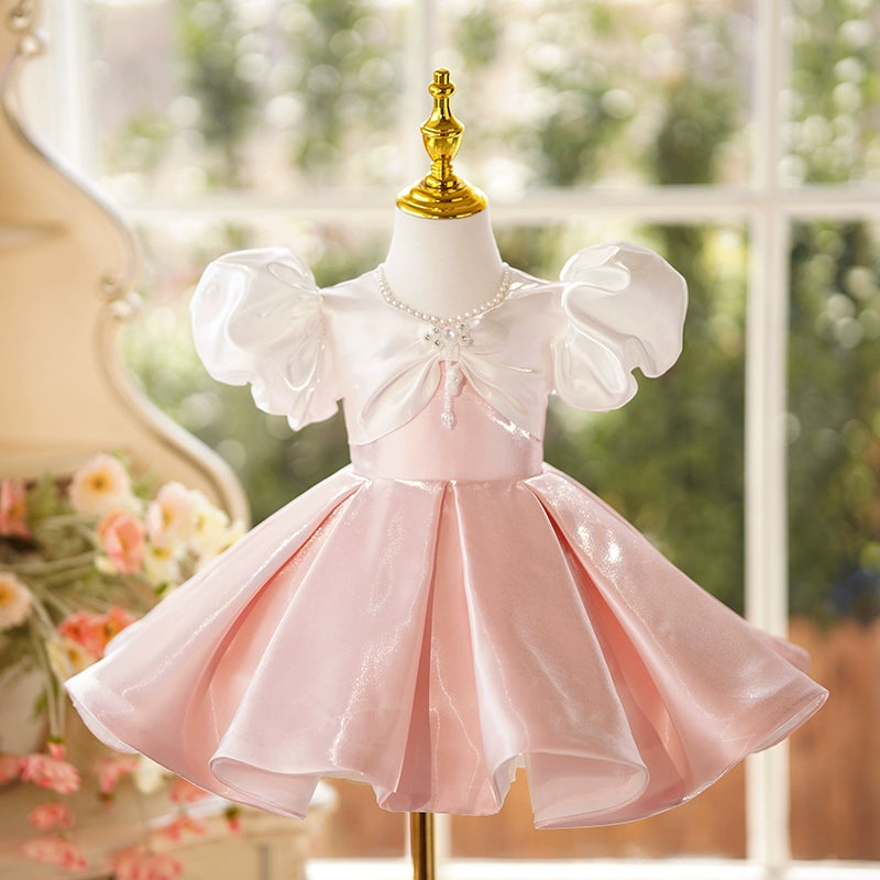 Women's Contemporary Clothing Cute Baby Girl Pink Flower Girl Wedding Puff Sleeve Bow Dress Toddler First Communion Dress