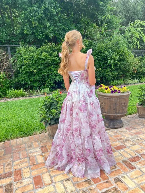 Women's Outdoor Attire Cute Chiffon Floral Print Prom Dress Senior Evening Gown         S5292