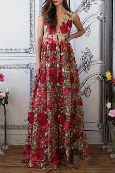 Women's Casual Apparel For Weekends A Line V Neck Red Floral Boho Prom Dress Elegant Long Evening Dresses