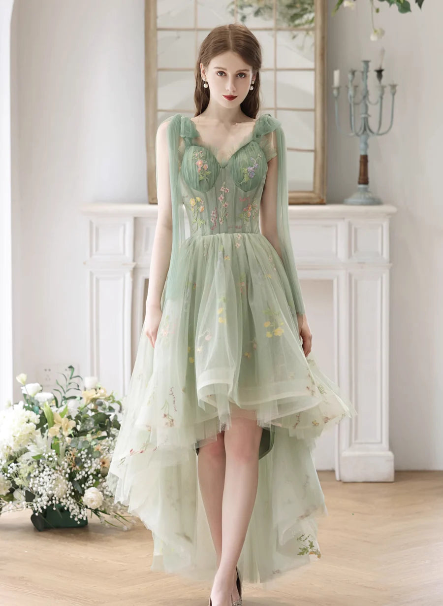 Women's Cozy Clothes Light Green High Low Sweetheart Straps Formal Dress, Floral Tulle Homecoming Dress   S2561