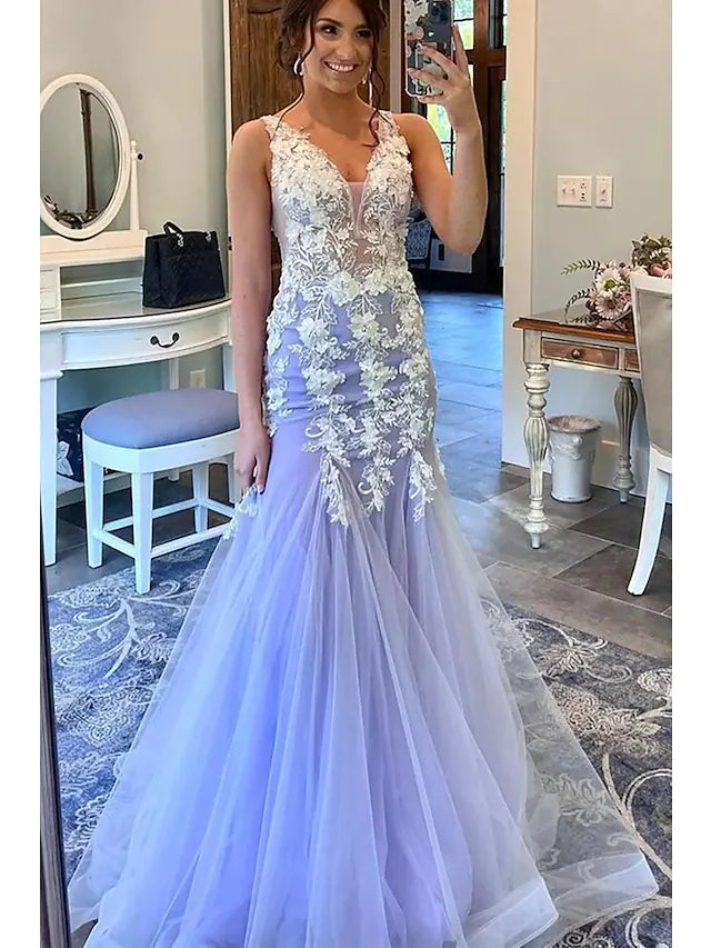 Women's Sporty Clothes Prom Dresses Floral Dress Formal  Sleeveless V Neck Tulle with Ruffles Appliques