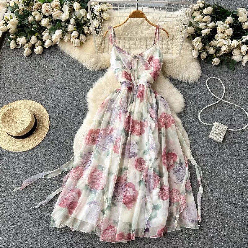 Women's Holiday Outfit Floral Dress,  Strap V-neck Dress  S4435