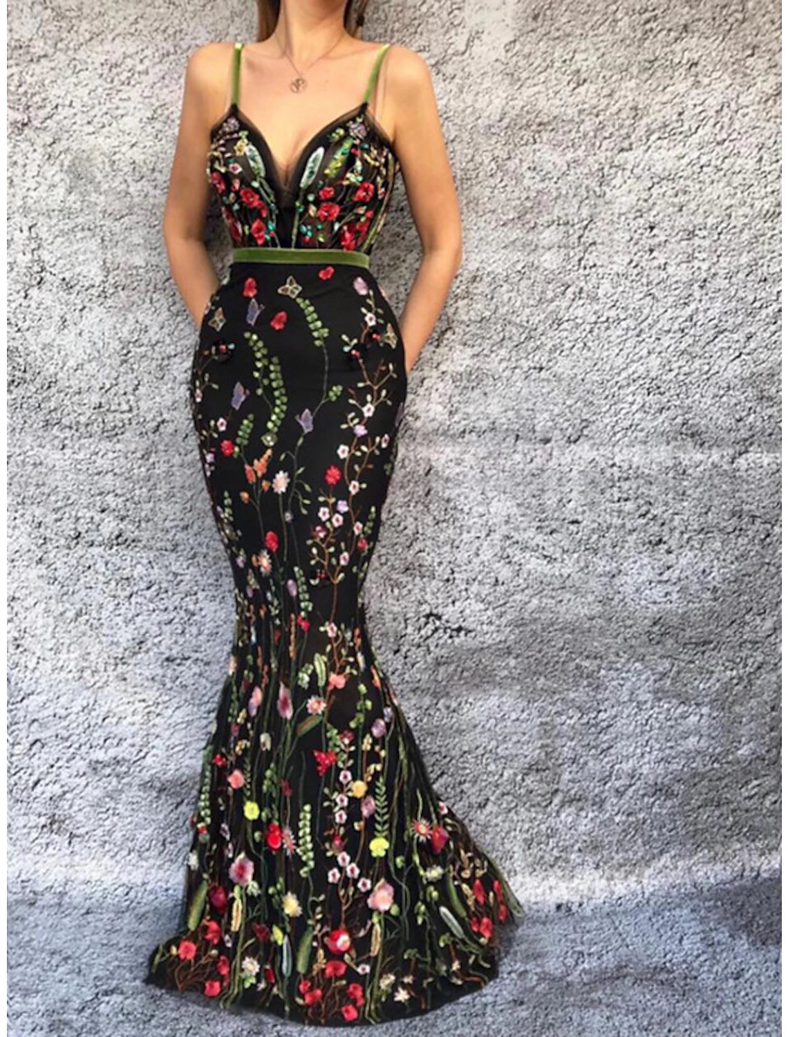 Women's Layered Outfit Mermaid / Trumpet Prom Dresses Floral Dress Wedding Guest Wedding Party Floor Length Sleeveless Spaghetti Strap Tulle with Embroidery