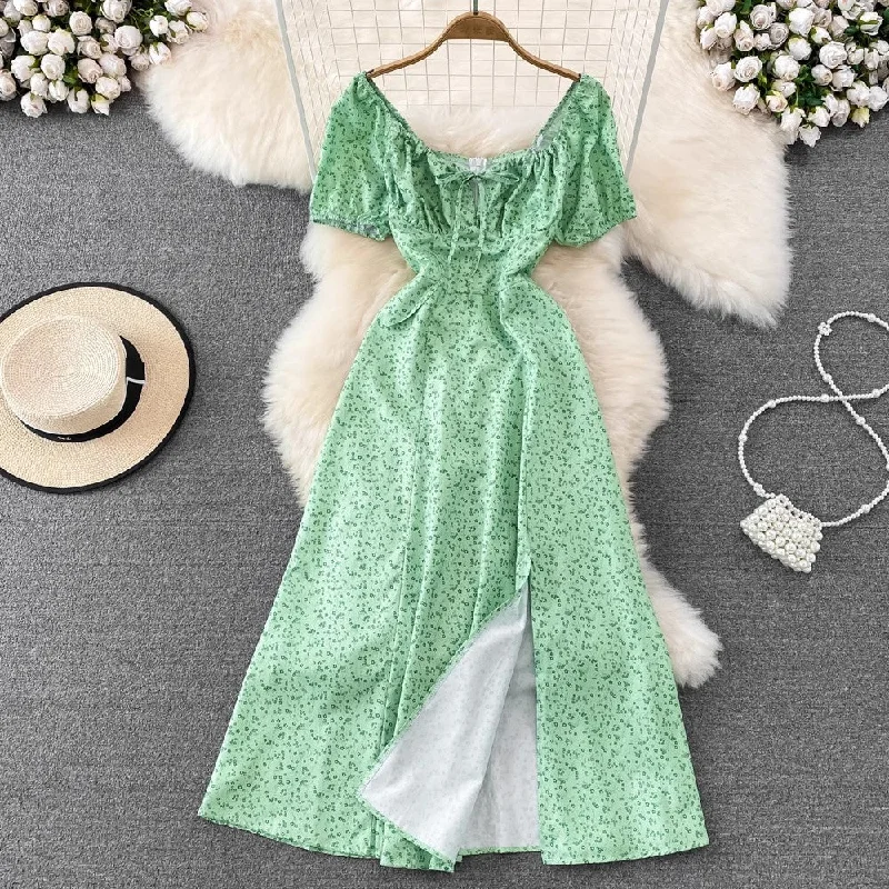 Women's Formal Clothes floral puff sleeves lace-up sexy dress women's long dress     S3971