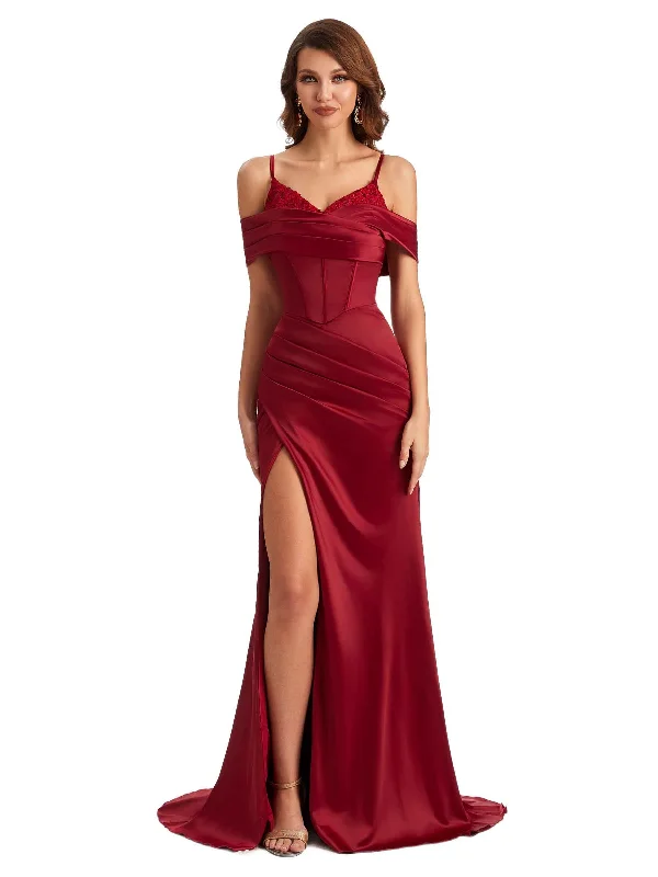 Affordable Women's Clothing Sexy Side Slit Mermaid Silky Satin V-neck Cold Shoulder Unique Nice Wedding Guest Dresses