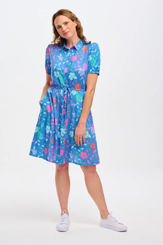 Women's Romantic Outfit Salma Shirt Dress (Blue Rainbow Floral Vine)