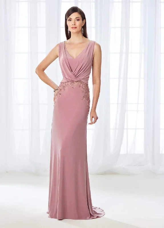 Comfortable Women's Clothes Mon Cheri Draped V-Neck Lace Embellished Gown 118666 - 1 pc Mink in Size 6 Available