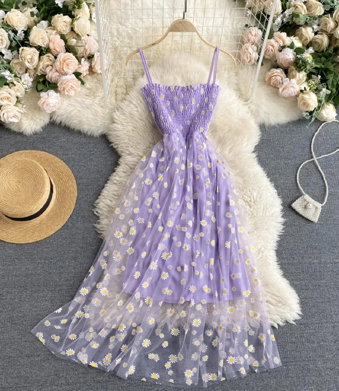 Women's Elegant Outfit Cute a Line Tulle Floral Dress,spaghetti Strap Dress     S4438