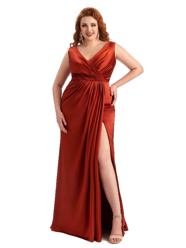 Women's Holiday Clothing Plus Size Sexy Side Slit V-Neck A-line Soft Satin Long Wedding Party Dresses