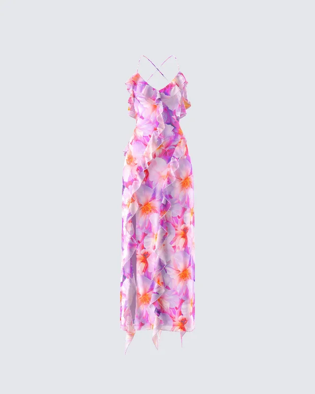 Women's Casual Apparel Kenya Pink Floral Ruffle Maxi Dress