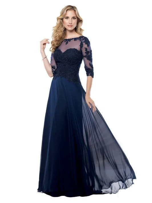 Women's Vacation Outfit Set Mon Cheri Lace Applique A-line Gown in Navy Blue 115968W