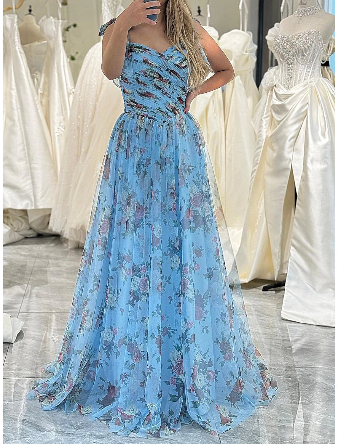 Women's Elegant Apparel Ball Gown A-Line Prom Dresses Blue Princess Dress Birthday Sweep / Brush Train Sleeveless Tulle with Floral Print Strappy