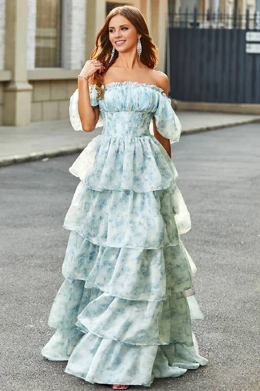 Women's Clothes And Apparel Sets A Line Square Neck Light Blue Tiered Floral Long Prom Dress with Ruffles