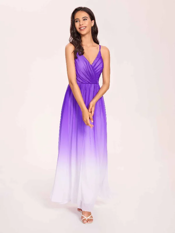 Women's Trendy Clothing Spaghetti Straps Floral A-line Ombre Chiffon Long Bridesmaid Dresses Oline