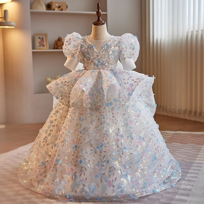 Women's Clothing For Casual Outings Flower Girl Dress Children Wedding Pageant Sequin Bowknot Fluffy Princess Dress