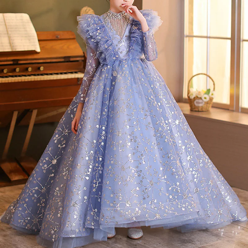 Affordable Fashion Clothing For Women Blue Girls Evening Dress Princess Dress Children Wedding Dress Trailing Dress