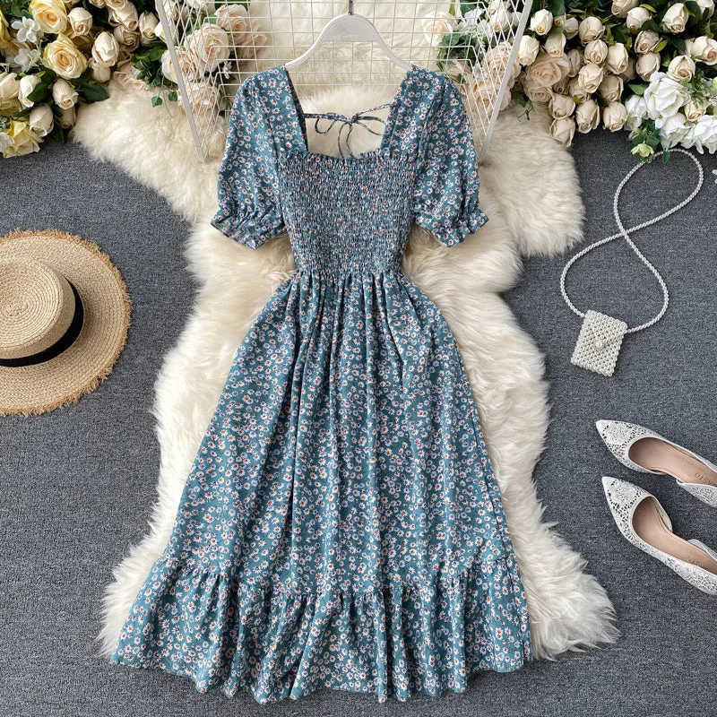 Comfortable Outfit For Women Sweet French Square Neck Short Sleeve Pleated Floral Chiffon Dress       S4467